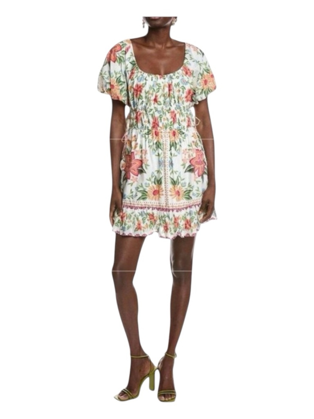 FARM RIO Bloom Garden Off-White Shirt Sleeve Mini Dress, Size M.